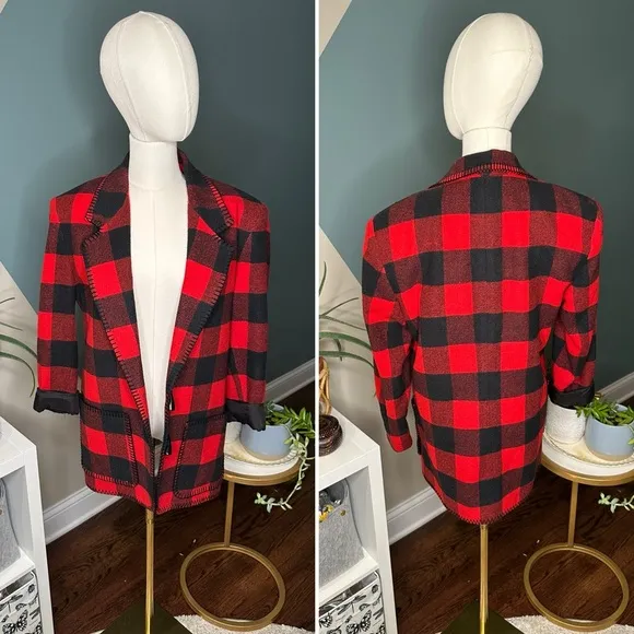 Vintage 90s Buffalo Plaid Wool Blend Skirt Suit Matching Set Ninety Made in USA