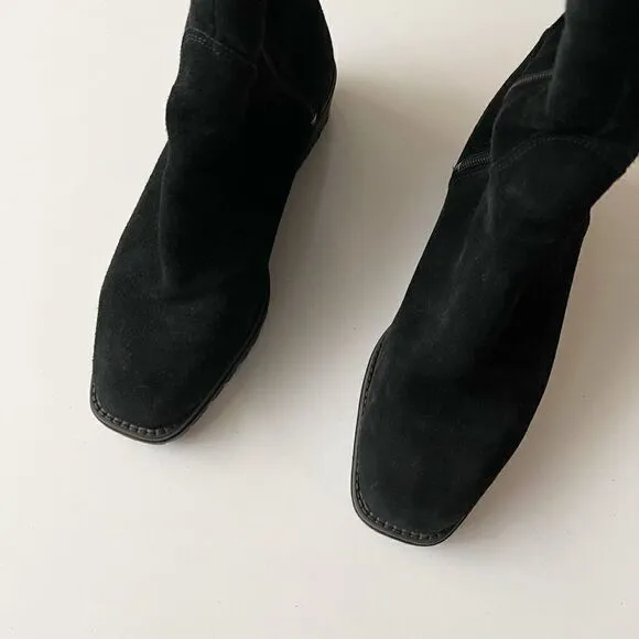 Vintage Aquatalia Made in Italy Black Suede Over The Knee Boots Square Toe Sz 7