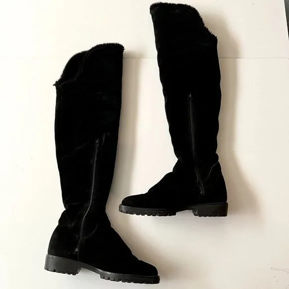 Vintage Aquatalia Made in Italy Black Suede Over The Knee Boots Square Toe Sz 7