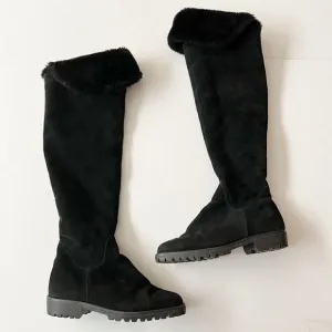 Vintage Aquatalia Made in Italy Black Suede Over The Knee Boots Square Toe Sz 7