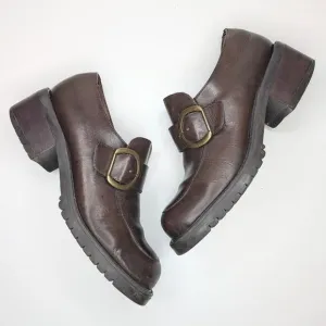 Vintage brown leather chunky platform loafers brass buckle made in Brazil size 7
