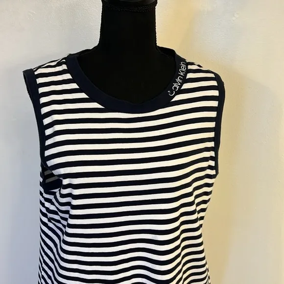 Vintage Calvin Klein Cotton Horizontal Striped Navy and White Dress, Sz. XL.