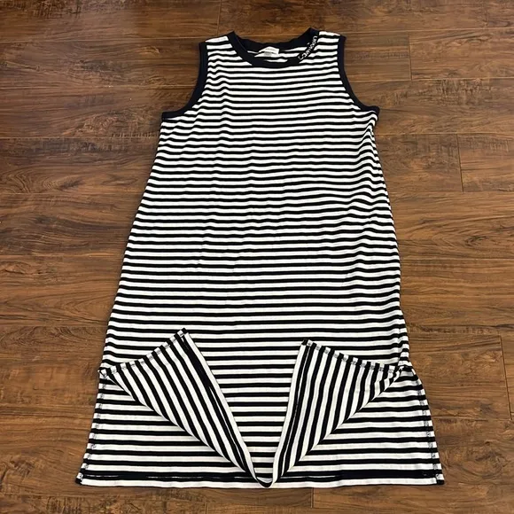 Vintage Calvin Klein Cotton Horizontal Striped Navy and White Dress, Sz. XL.