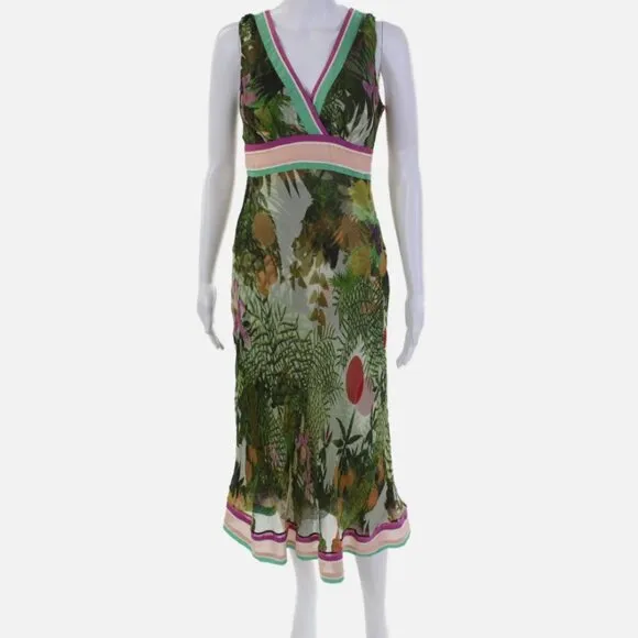 Vintage Catherine Malandrino 100% Silk Green Leaf Print Midi Dress Size 4