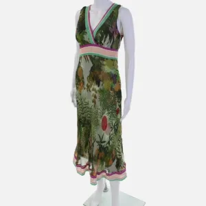 Vintage Catherine Malandrino 100% Silk Green Leaf Print Midi Dress Size 4