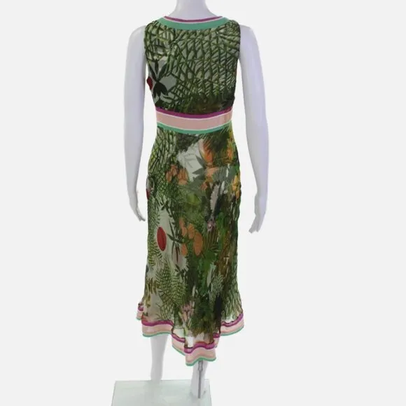 Vintage Catherine Malandrino 100% Silk Green Leaf Print Midi Dress Size 4