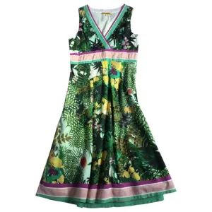 Vintage Catherine Malandrino 100% Silk Green Leaf Print Midi Dress Size 4