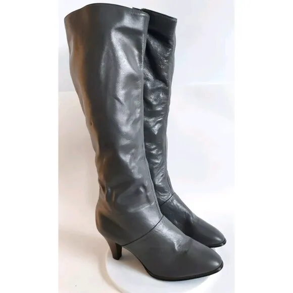 Vintage Charcoal Gray Leather Knee High Boots 3&quot; Stacked Heel Womens Size 7.5M
