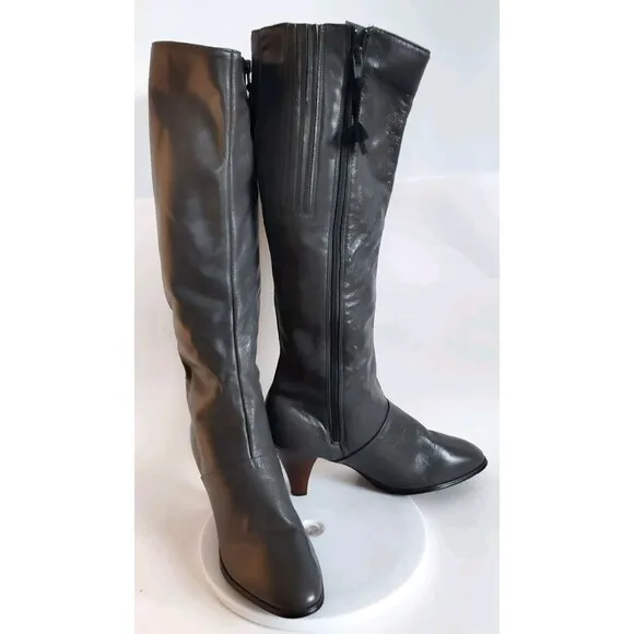 Vintage Charcoal Gray Leather Knee High Boots 3&quot; Stacked Heel Womens Size 7.5M