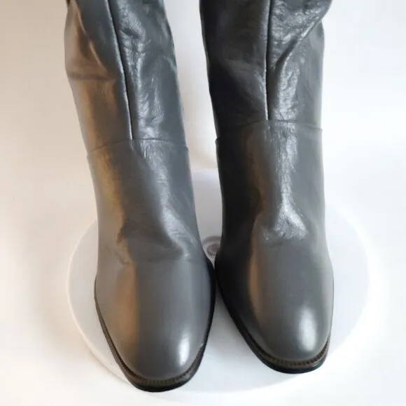 Vintage Charcoal Gray Leather Knee High Boots 3&quot; Stacked Heel Womens Size 7.5M