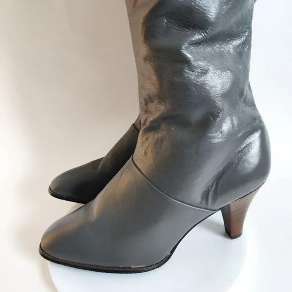 Vintage Charcoal Gray Leather Knee High Boots 3&quot; Stacked Heel Womens Size 7.5M