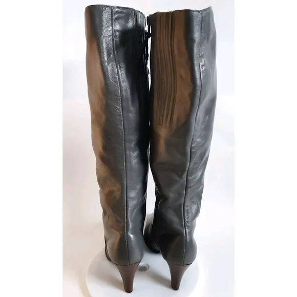 Vintage Charcoal Gray Leather Knee High Boots 3&quot; Stacked Heel Womens Size 7.5M