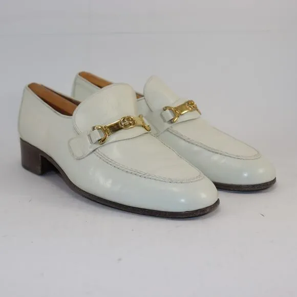 Vintage Gucci Men’s Loafers White Leather w/ Gold Hardware, Size 9.5