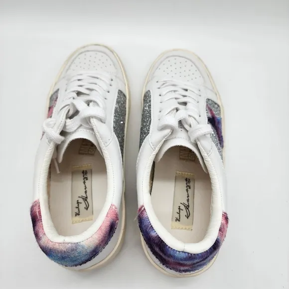 VINTAGE HAVANA White Frosty Glitter Calf‎ Hair-Trim Sneakers Size 7.5
