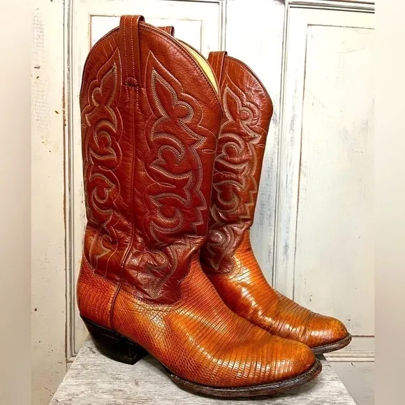 Vintage Panhandle Slim Teju Lizard leather Western Cowboy Boots 8.5 cats paw