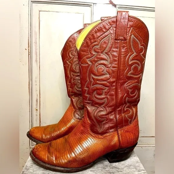 Vintage Panhandle Slim Teju Lizard leather Western Cowboy Boots 8.5 cats paw