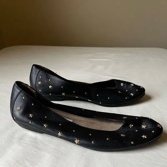 Vintage 90s Gold Star Studded Ballet Flats Black Leather Boho Witchy Casual  8