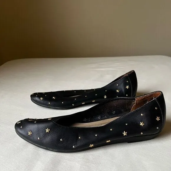 Vintage 90s Gold Star Studded Ballet Flats Black Leather Boho Witchy Casual  8