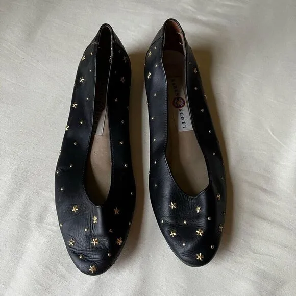 Vintage 90s Gold Star Studded Ballet Flats Black Leather Boho Witchy Casual  8