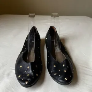 Vintage 90s Gold Star Studded Ballet Flats Black Leather Boho Witchy Casual  8