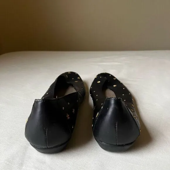Vintage 90s Gold Star Studded Ballet Flats Black Leather Boho Witchy Casual  8