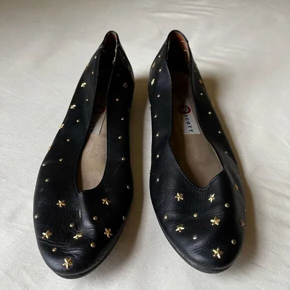 Vintage 90s Gold Star Studded Ballet Flats Black Leather Boho Witchy Casual  8