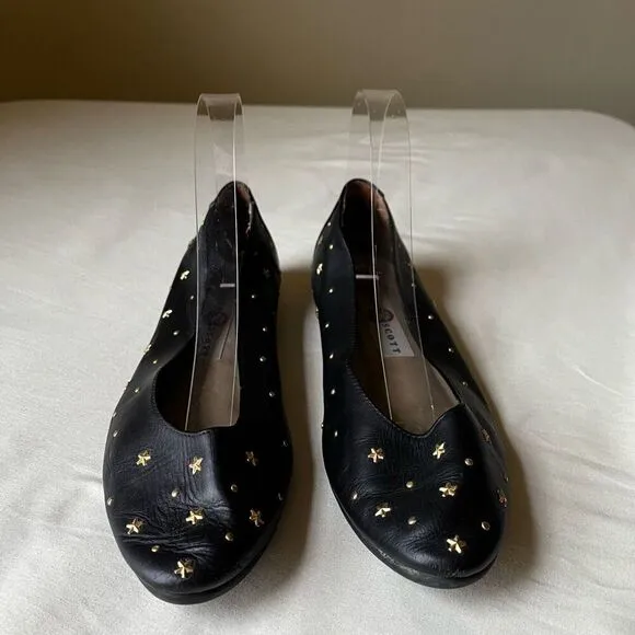 Vintage 90s Gold Star Studded Ballet Flats Black Leather Boho Witchy Casual  8