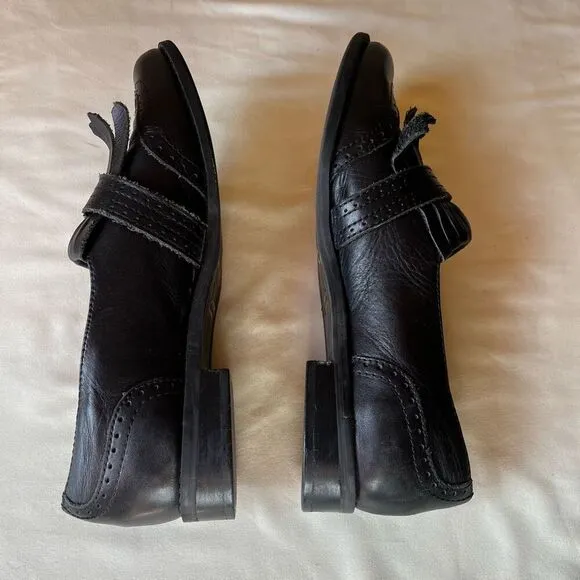 Vintage 90s Kiltie Fringe Loafer Black Leather Slip On Buckle Detail Women’s 10