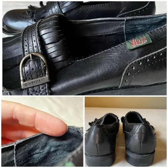Vintage 90s Kiltie Fringe Loafer Black Leather Slip On Buckle Detail Women’s 10