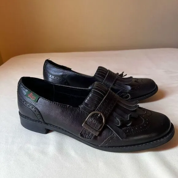 Vintage 90s Kiltie Fringe Loafer Black Leather Slip On Buckle Detail Women’s 10