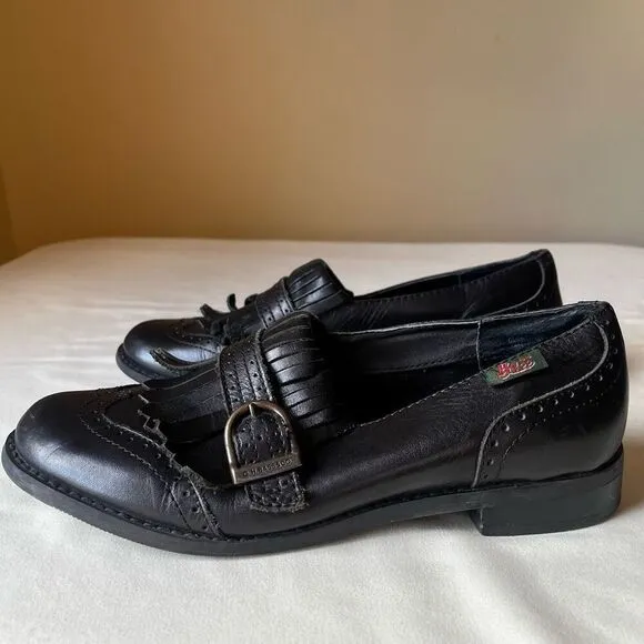 Vintage 90s Kiltie Fringe Loafer Black Leather Slip On Buckle Detail Women’s 10