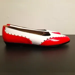 VITTORIO RICCI VINTAGE FLATS RED WHITE LEATHER CUT OUT 80S LOW HEELS COMFY RETRO