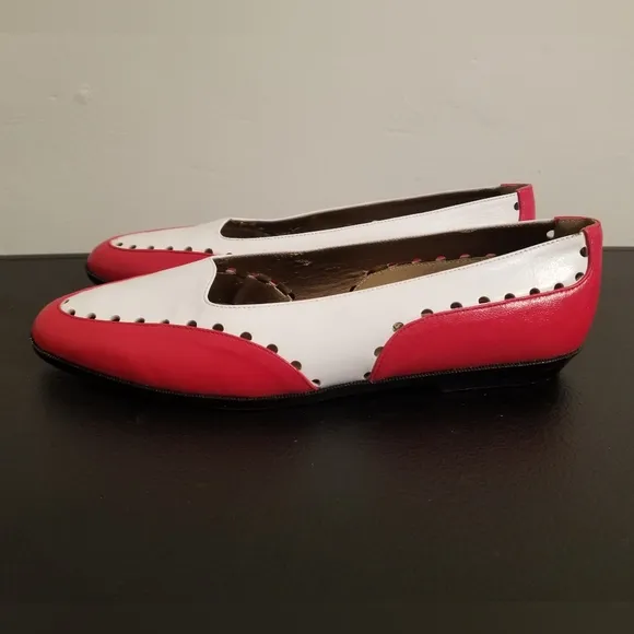 VITTORIO RICCI VINTAGE FLATS RED WHITE LEATHER CUT OUT 80S LOW HEELS COMFY RETRO
