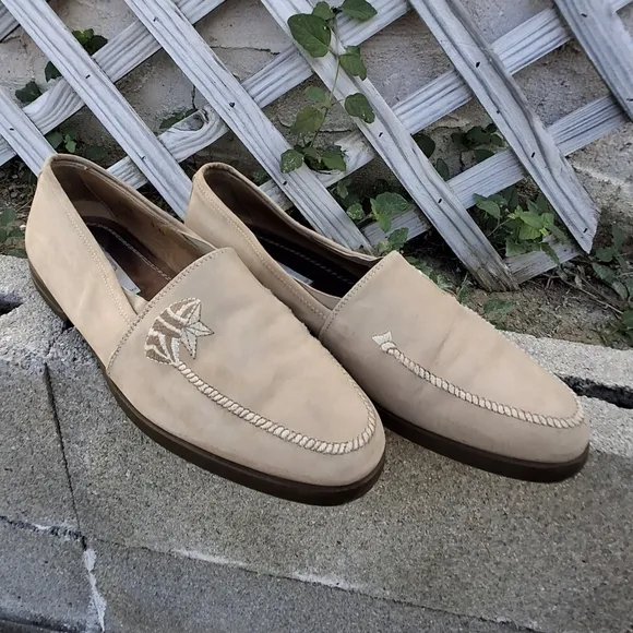 Vittorio Virgili Men Embroidery Shoes Beige Suede Loafers Italy Size EU41/US 8