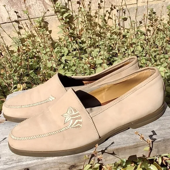 Vittorio Virgili Men Embroidery Shoes Beige Suede Loafers Italy Size EU41/US 8
