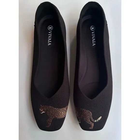 Vivaia Square-Toe V-Cut Flats (Margot 2.0) in Black - Cheetah Size 37.5 /Néw