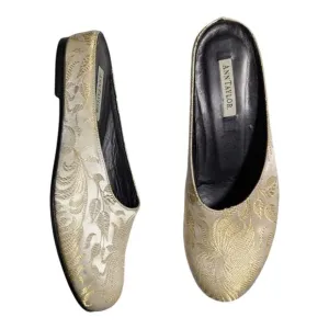 Vtg 1990s Ann Taylor Ivory Gold Brocade Satin Open Back Round Toe Mule Flats 6.5