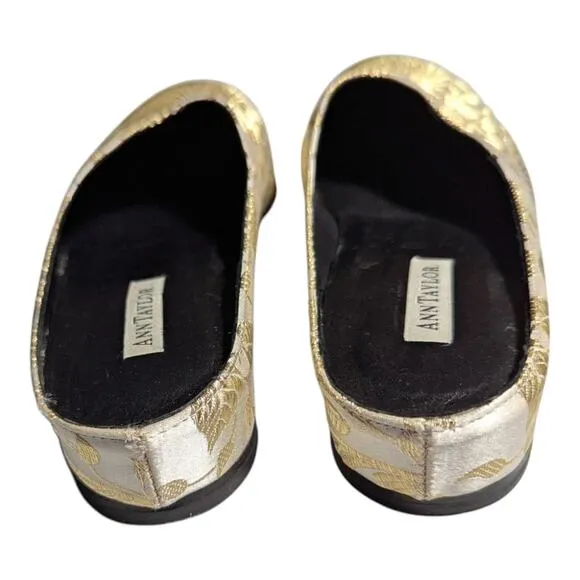 Vtg 1990s Ann Taylor Ivory Gold Brocade Satin Open Back Round Toe Mule Flats 6.5