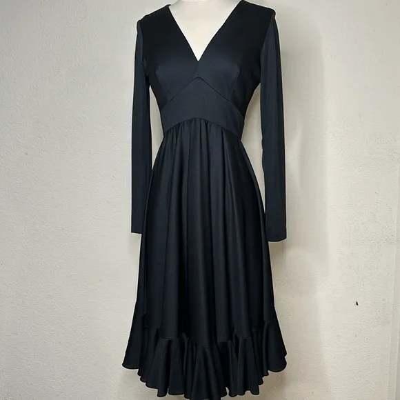 VTG 70’s Cirrette Dress Black Sz S Deep V Disco 80s Ruffle Hem Poly Knit Sm MINT