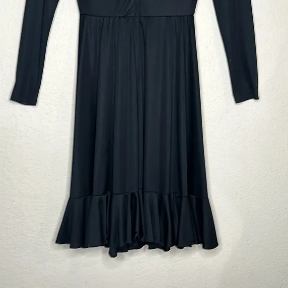 VTG 70’s Cirrette Dress Black Sz S Deep V Disco 80s Ruffle Hem Poly Knit Sm MINT