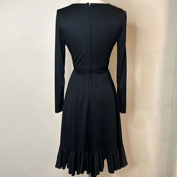 VTG 70’s Cirrette Dress Black Sz S Deep V Disco 80s Ruffle Hem Poly Knit Sm MINT