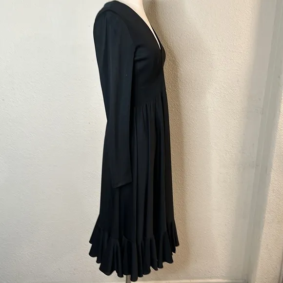 VTG 70’s Cirrette Dress Black Sz S Deep V Disco 80s Ruffle Hem Poly Knit Sm MINT