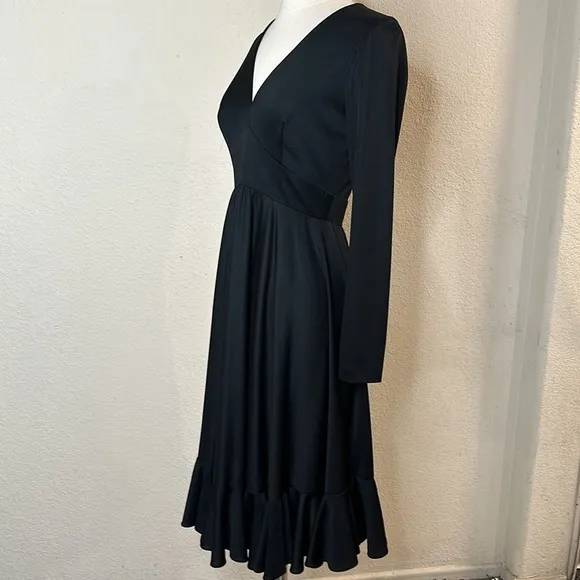 VTG 70’s Cirrette Dress Black Sz S Deep V Disco 80s Ruffle Hem Poly Knit Sm MINT
