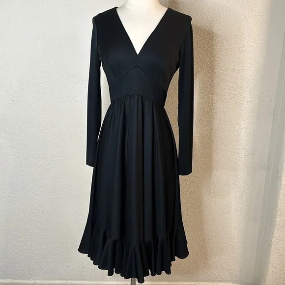 VTG 70’s Cirrette Dress Black Sz S Deep V Disco 80s Ruffle Hem Poly Knit Sm MINT