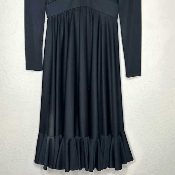 VTG 70’s Cirrette Dress Black Sz S Deep V Disco 80s Ruffle Hem Poly Knit Sm MINT