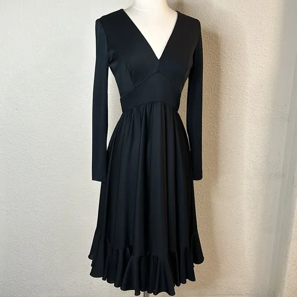 VTG 70’s Cirrette Dress Black Sz S Deep V Disco 80s Ruffle Hem Poly Knit Sm MINT