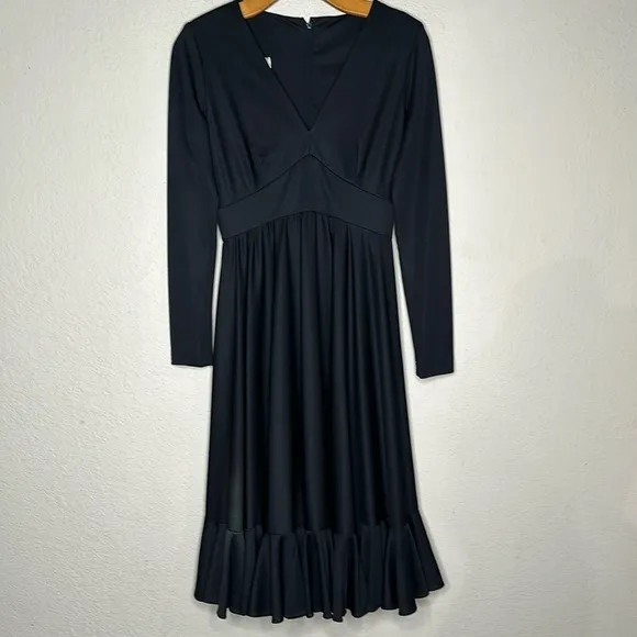VTG 70’s Cirrette Dress Black Sz S Deep V Disco 80s Ruffle Hem Poly Knit Sm MINT