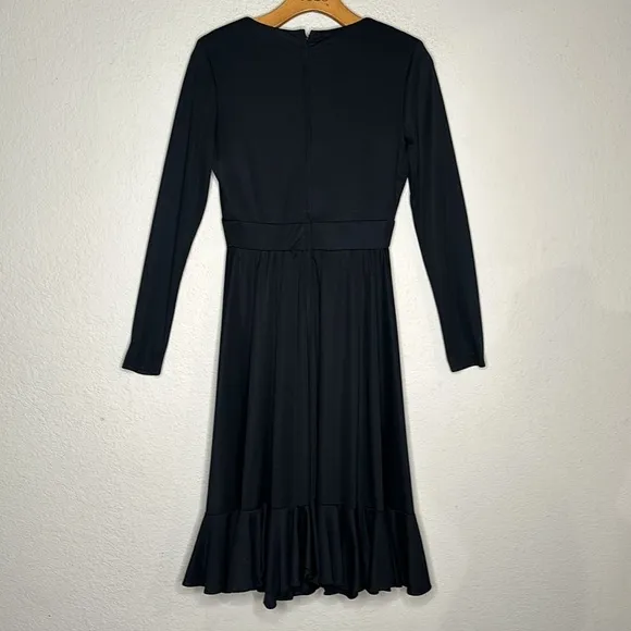 VTG 70’s Cirrette Dress Black Sz S Deep V Disco 80s Ruffle Hem Poly Knit Sm MINT