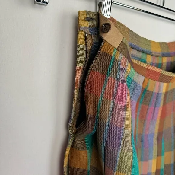 VTG Hand Made Rainbow Plaid High Waister Pleated Skirt | Women's Extra Small