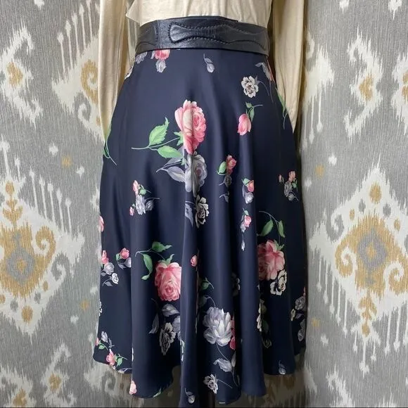 Vtg Ralph Lauren Navy Multi Floral A-Line Skirt